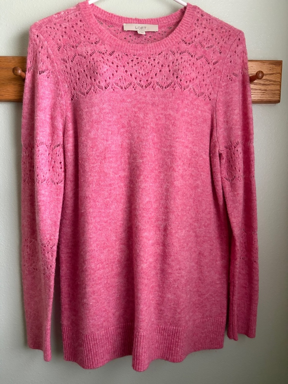 LOFT Pink Lace-Yoke Crewneck Sweater